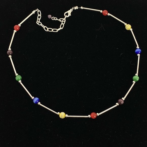 Colorful Laser Glass Bead and Silver Tone Bar Adjustible Length Necklace 16”-19” - Picture 1 of 3